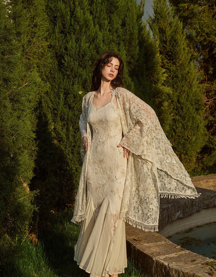 Lace Embroidered Dress with Shawl