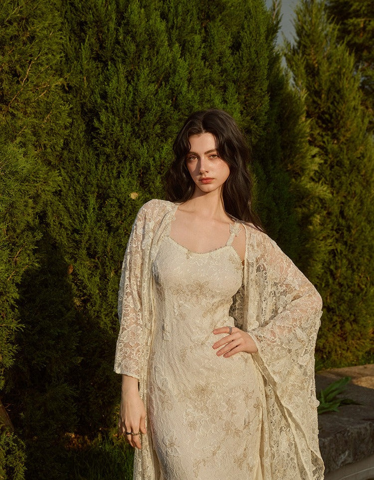 Lace Embroidered Dress with Shawl