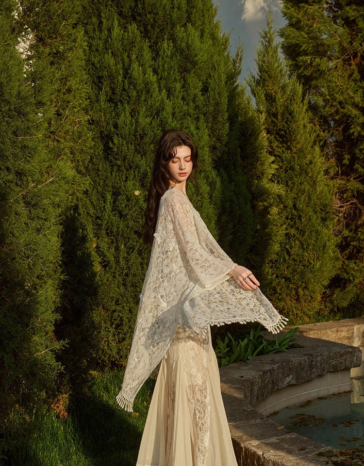 Lace Embroidered Dress with Shawl