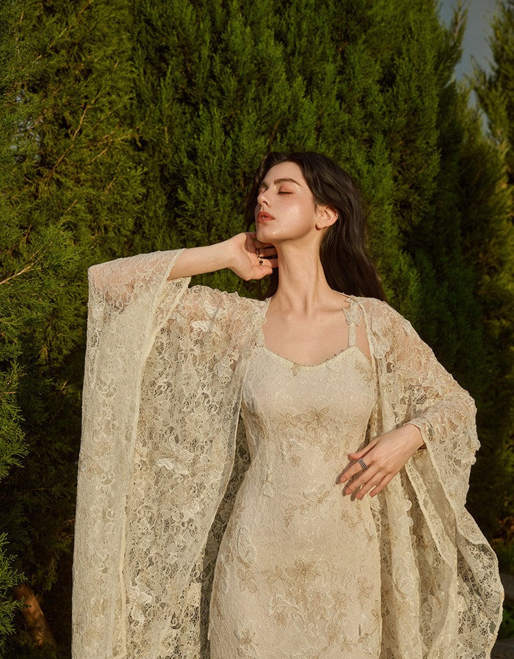 Lace Embroidered Dress with Shawl