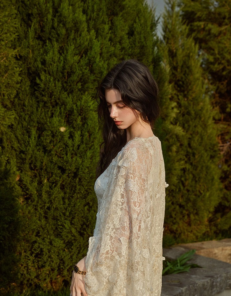 Lace Embroidered Dress with Shawl