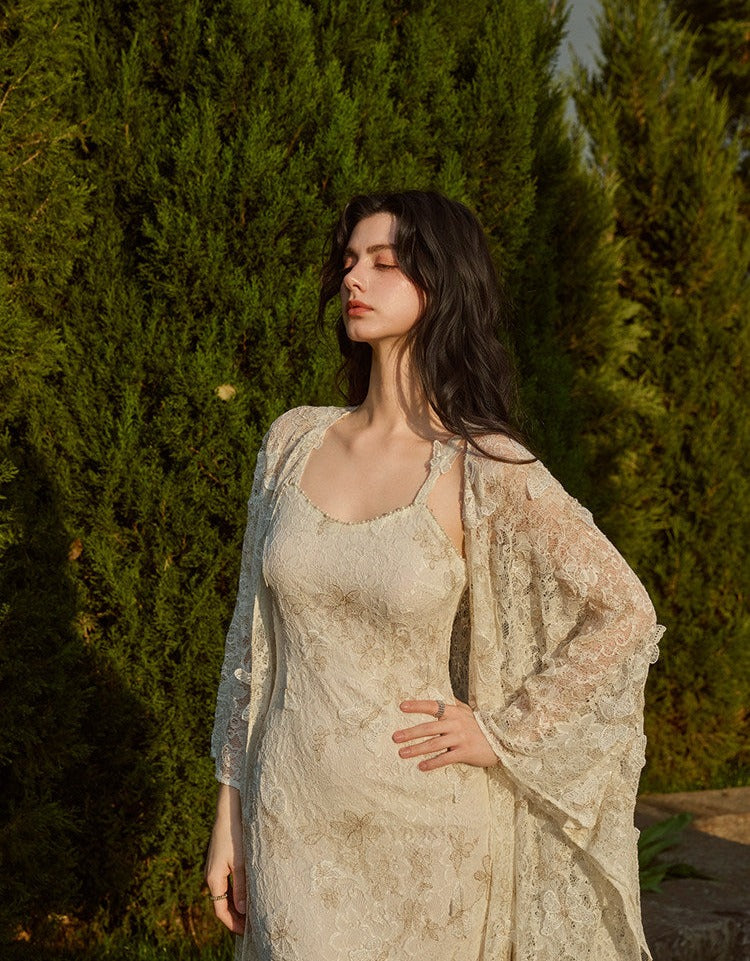 Lace Embroidered Dress with Shawl