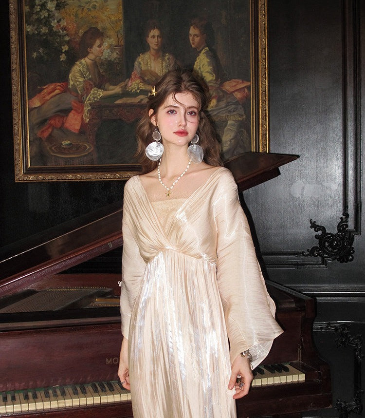 Satin Lace Dress - Elegant Batwing Sleeve