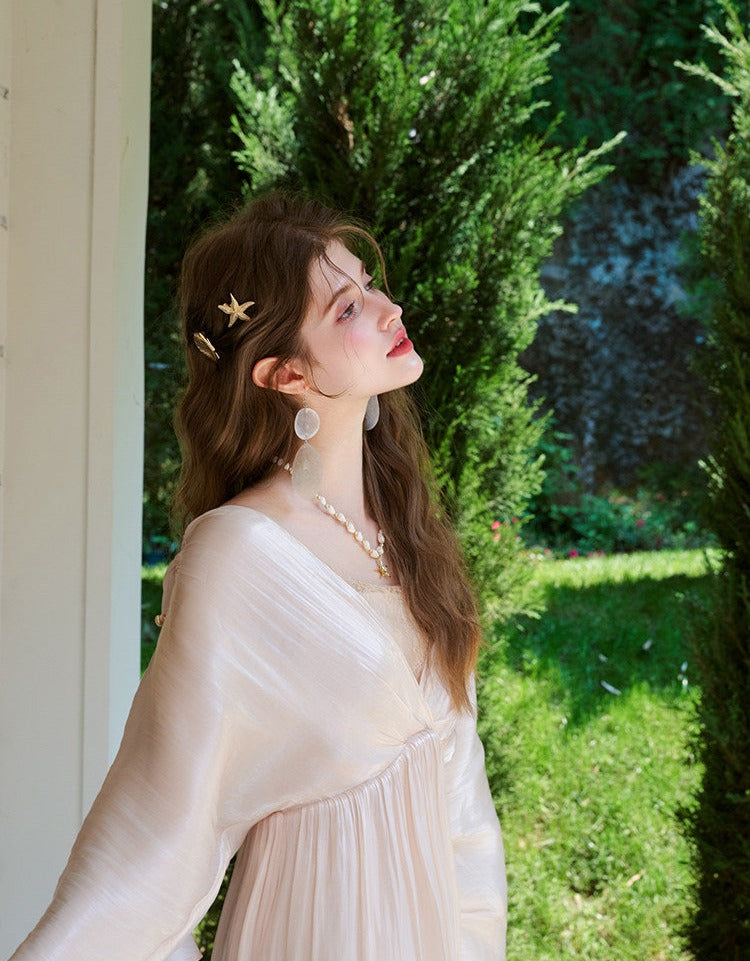 Satin Lace Dress - Elegant Batwing Sleeve