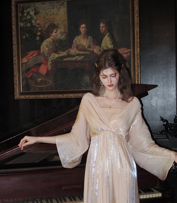 Satin Lace Dress - Elegant Batwing Sleeve