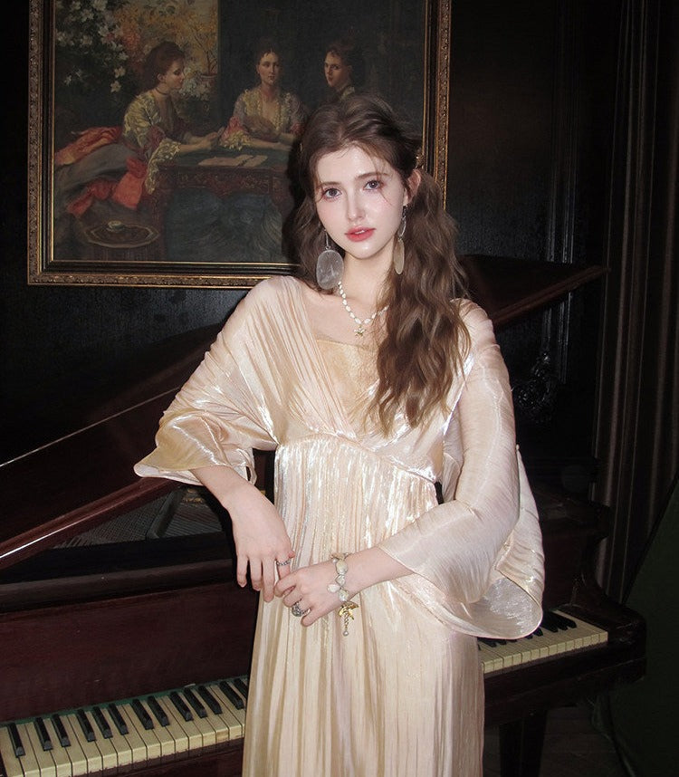 Satin Lace Dress - Elegant Batwing Sleeve