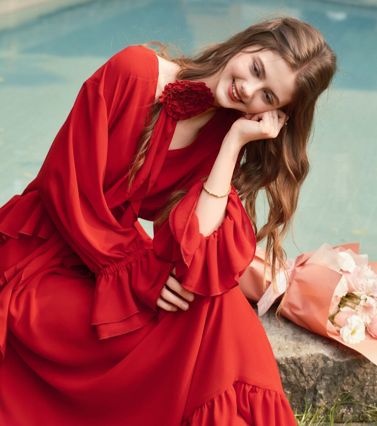 Viscose Dress with Batwing Sleeves and Ruffled Hem