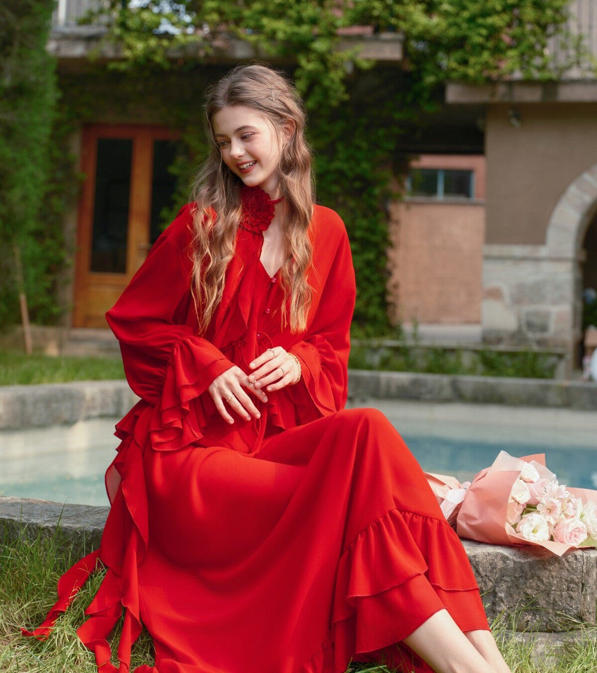 Viscose Dress with Batwing Sleeves and Ruffled Hem