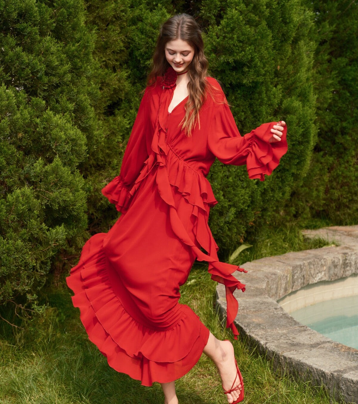 Viscose Dress with Batwing Sleeves and Ruffled Hem
