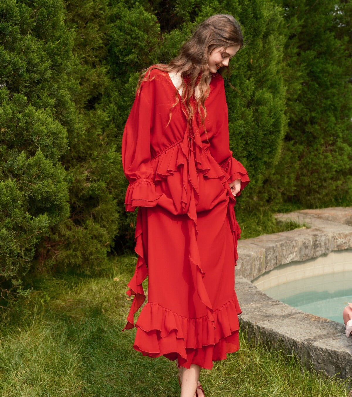 Viscose Dress with Batwing Sleeves and Ruffled Hem