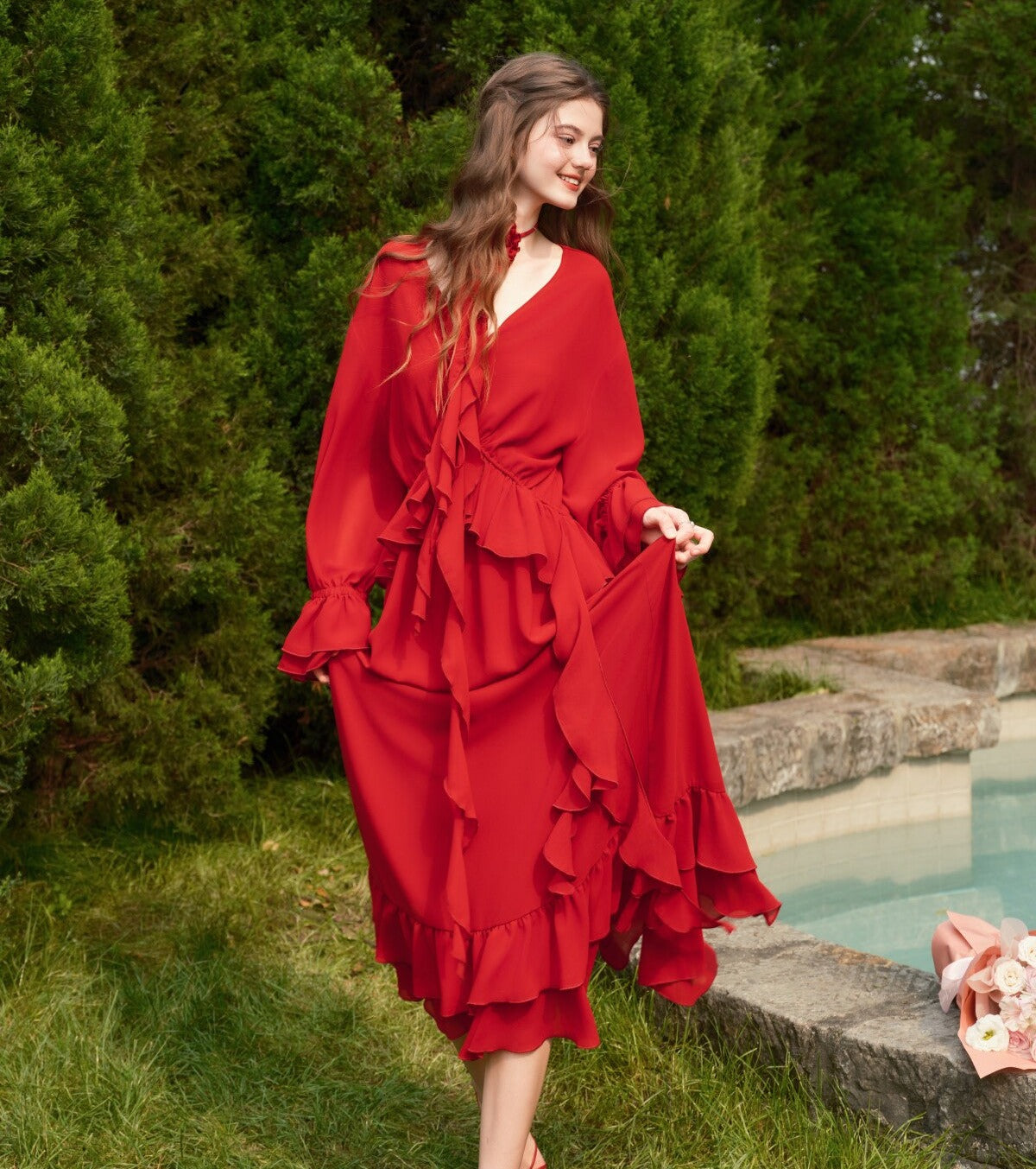Viscose Dress with Batwing Sleeves and Ruffled Hem