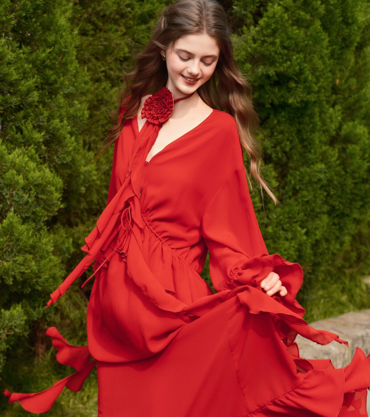 Viscose Dress with Batwing Sleeves and Ruffled Hem