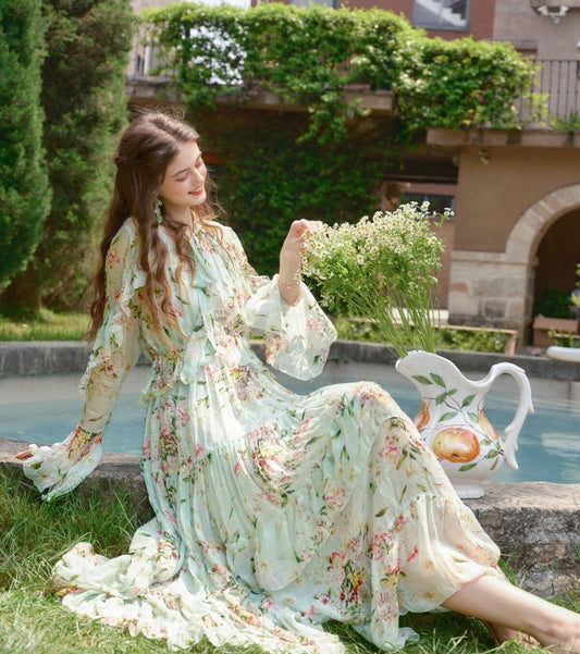 Silk Blend Dress - Mint Wave Pattern
