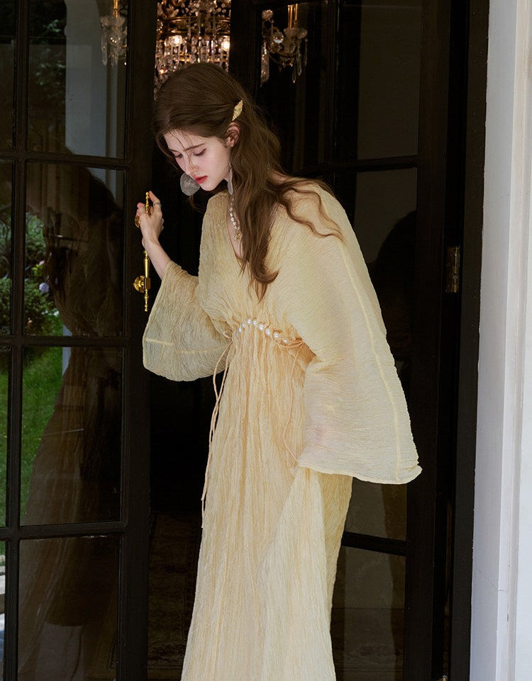 Acetate Dress with Batwing Sleeves and Flared Skirt