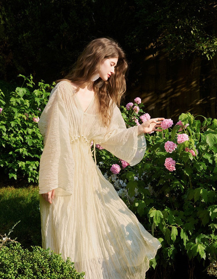 Acetate Dress with Batwing Sleeves and Flared Skirt