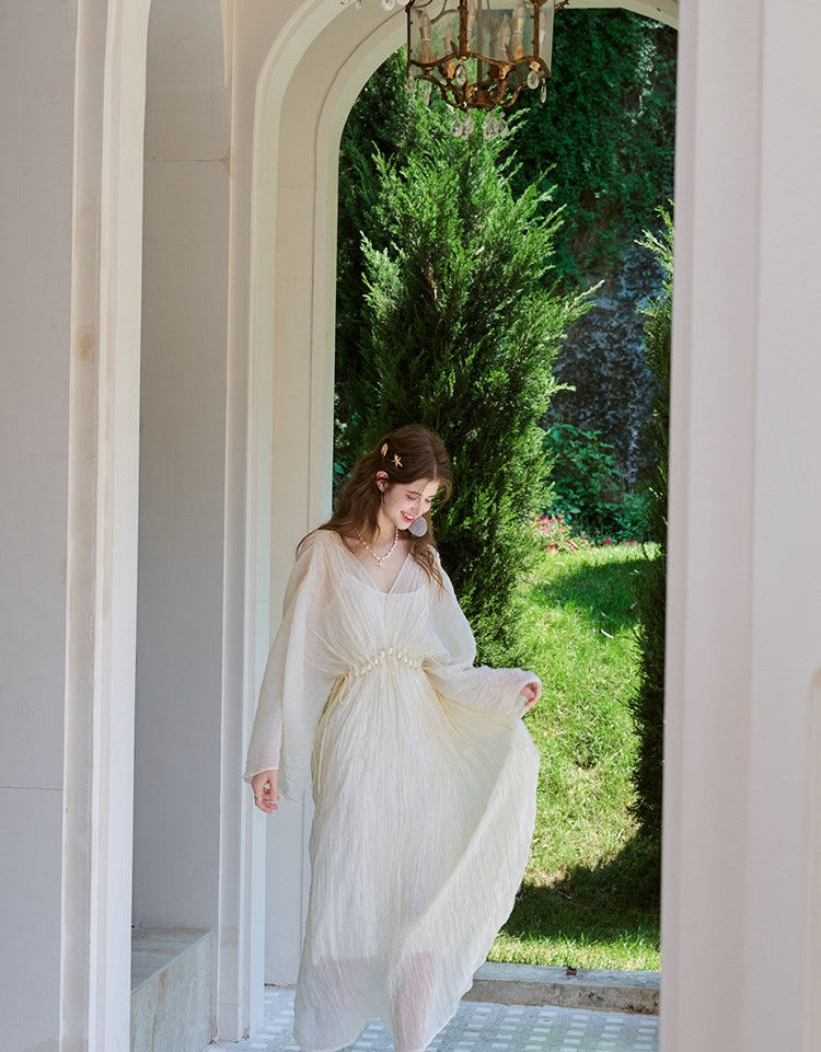 Acetate Dress with Batwing Sleeves and Flared Skirt
