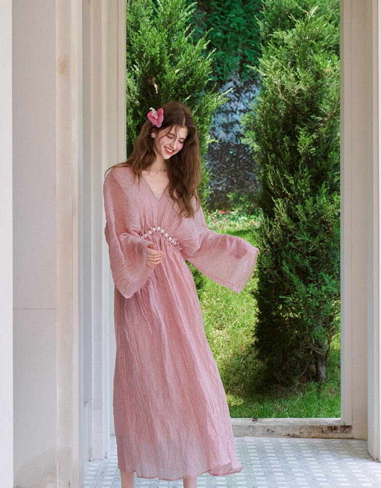 Acetate Dress with Batwing Sleeves and Flared Skirt