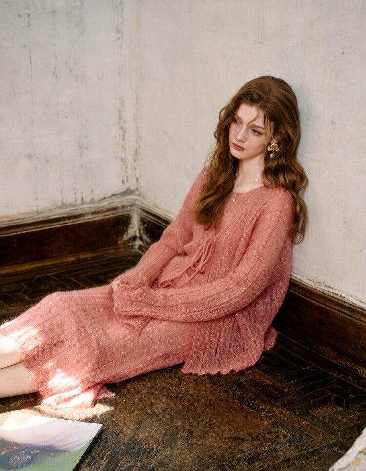 Knit Cardigan and Vest Dress Set - Elegant Pink Design