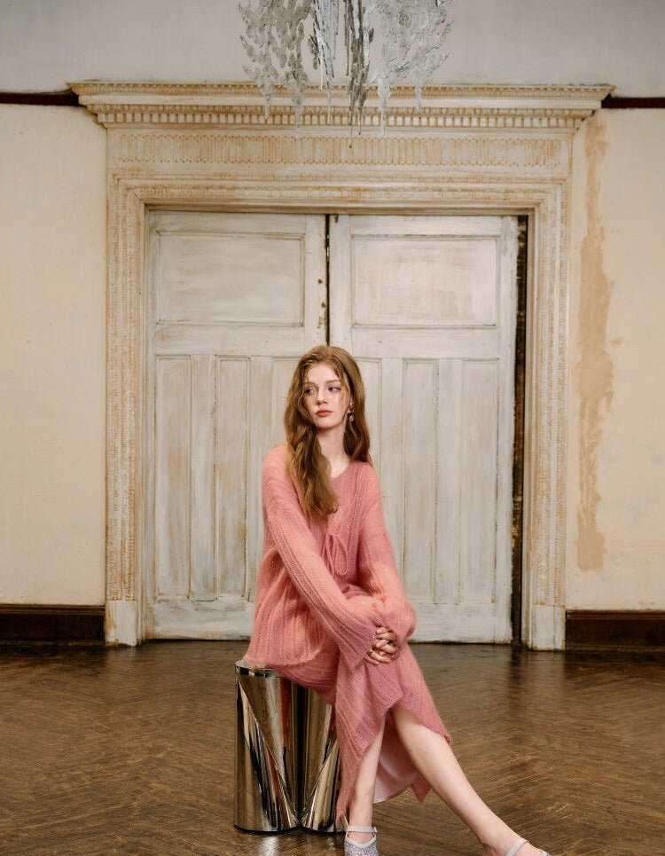 Knit Cardigan and Vest Dress Set - Elegant Pink Design