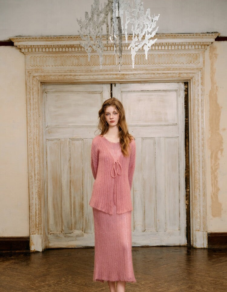 Knit Cardigan and Vest Dress Set - Elegant Pink Design