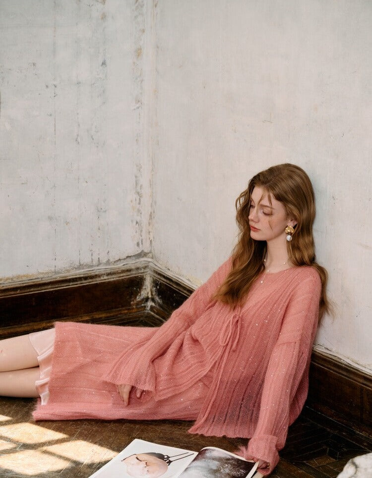 Knit Cardigan and Vest Dress Set - Elegant Pink Design