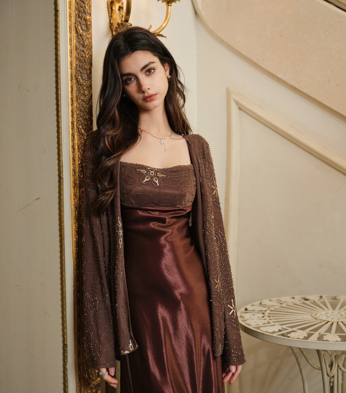 Satin Slip Dress with Bead Embroidery