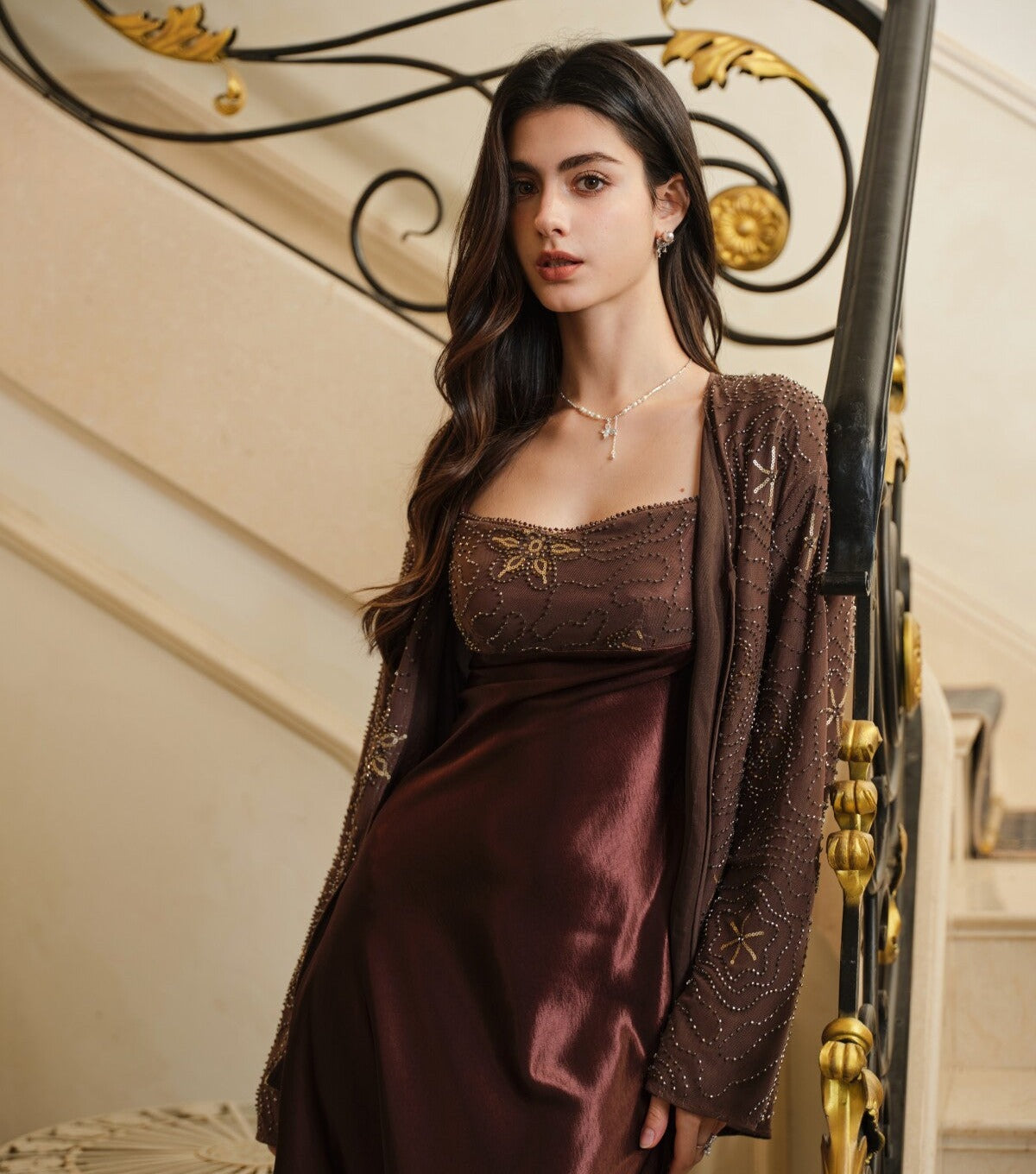 Satin Slip Dress with Bead Embroidery
