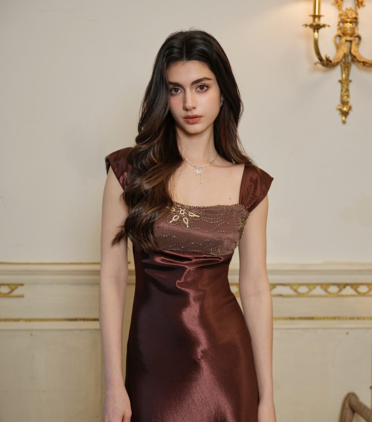 Satin Slip Dress with Bead Embroidery