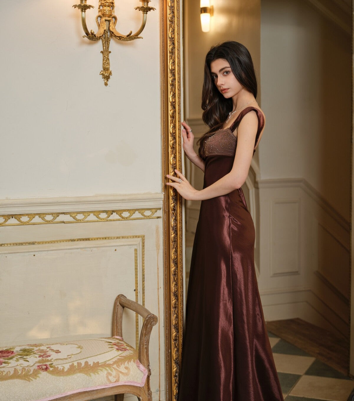 Satin Slip Dress with Bead Embroidery