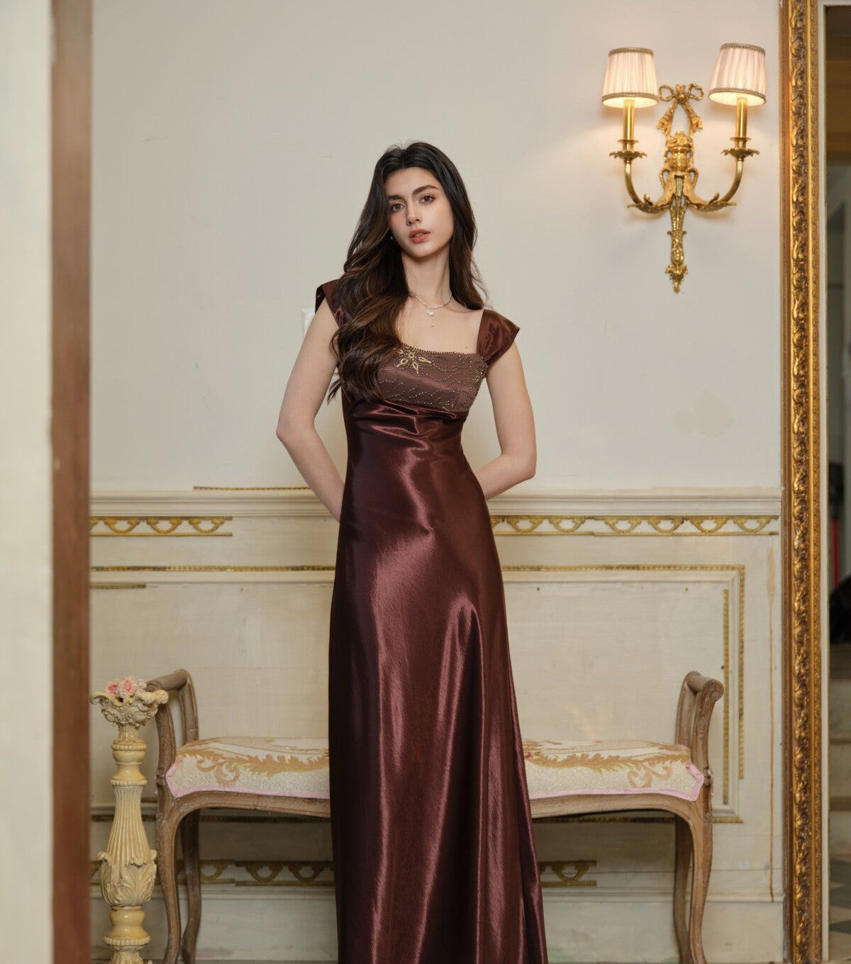 Satin Slip Dress with Bead Embroidery