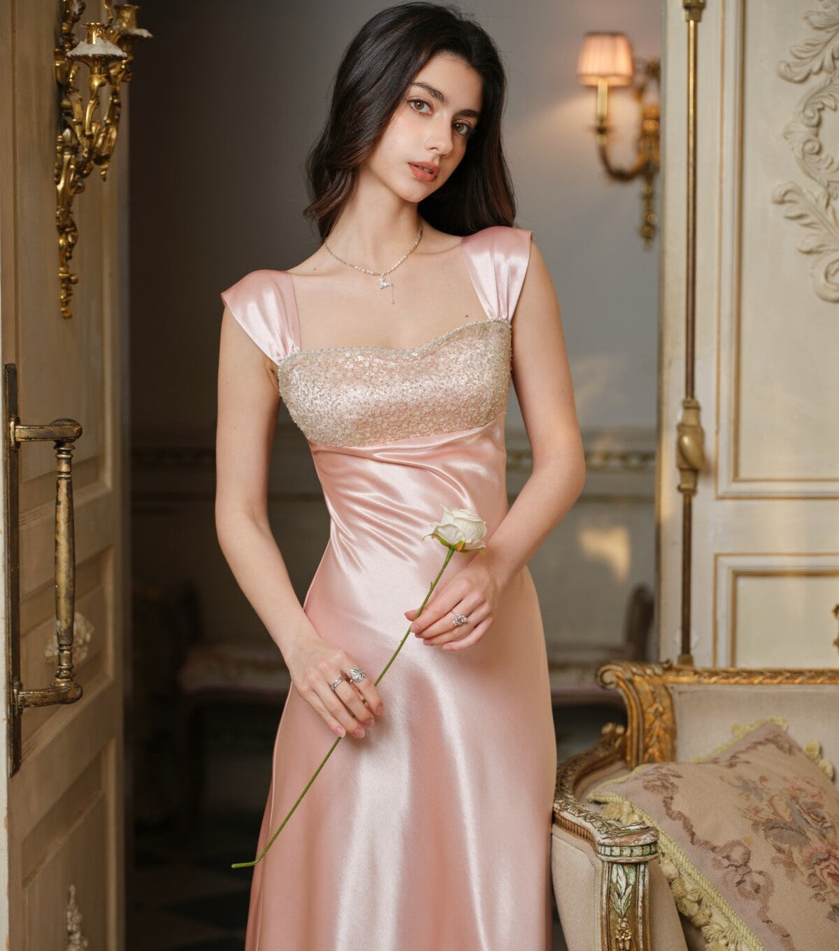 Satin Slip Dress with Bead Embroidery