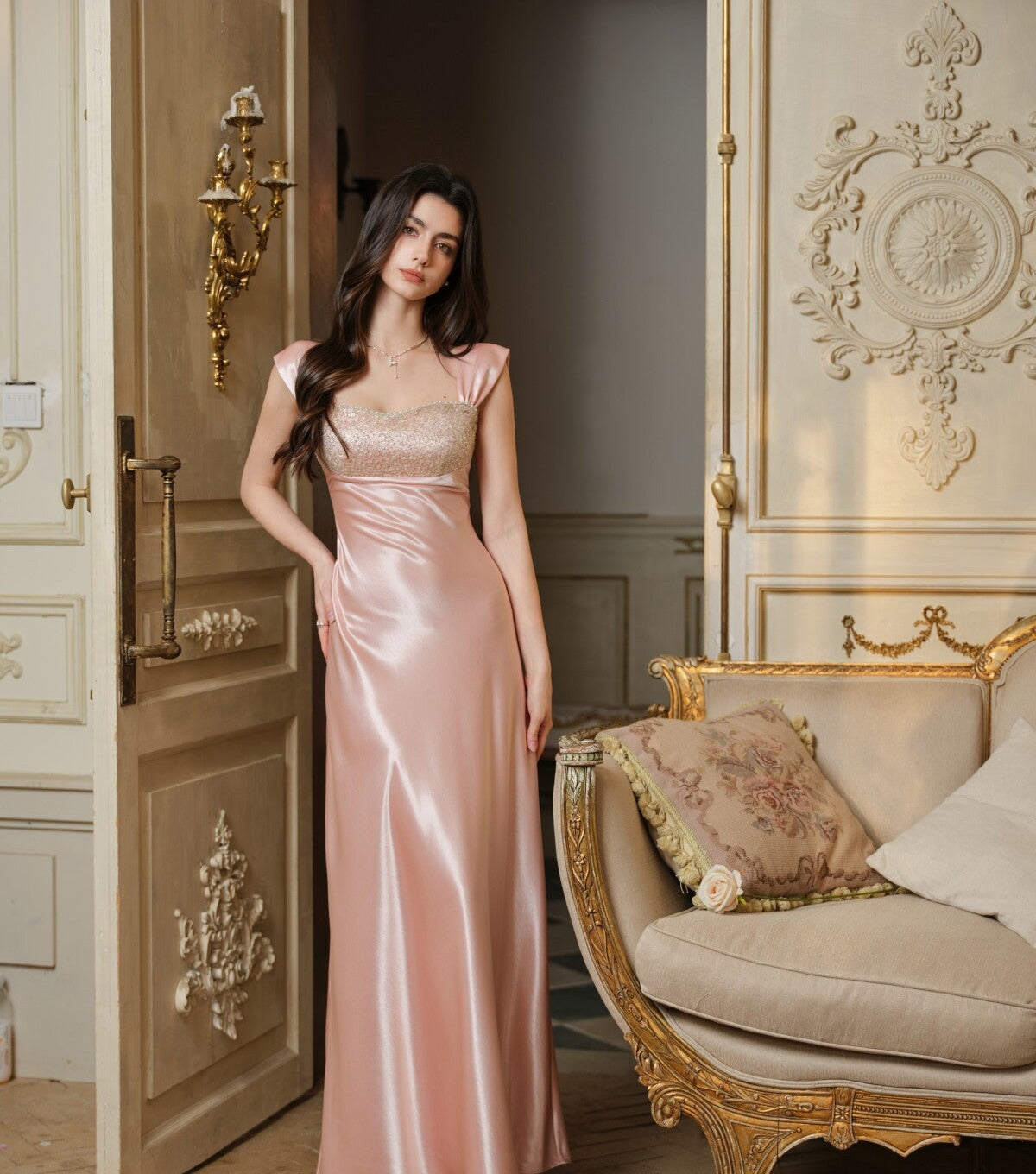 Satin Slip Dress with Bead Embroidery