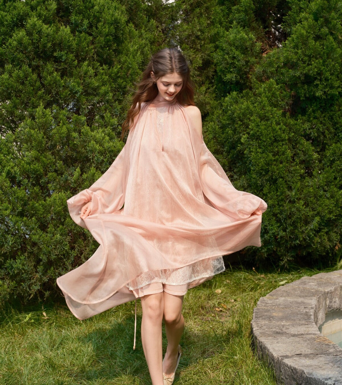 Chiffon Off-Shoulder Dress with Lace Detail