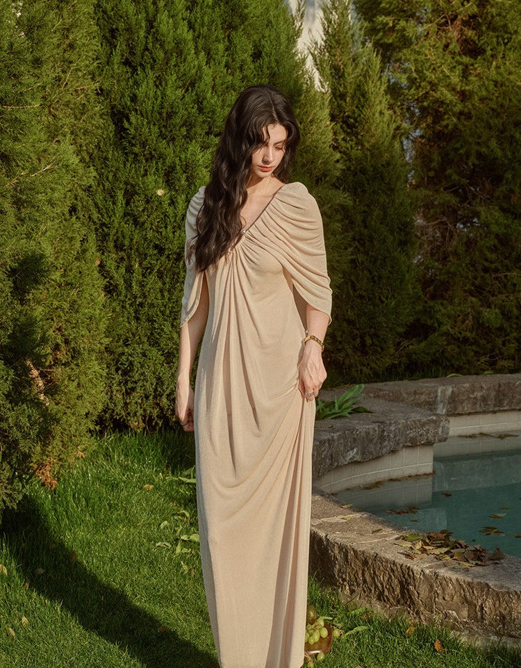 Viscose Dress with Pleats and Pearl Button