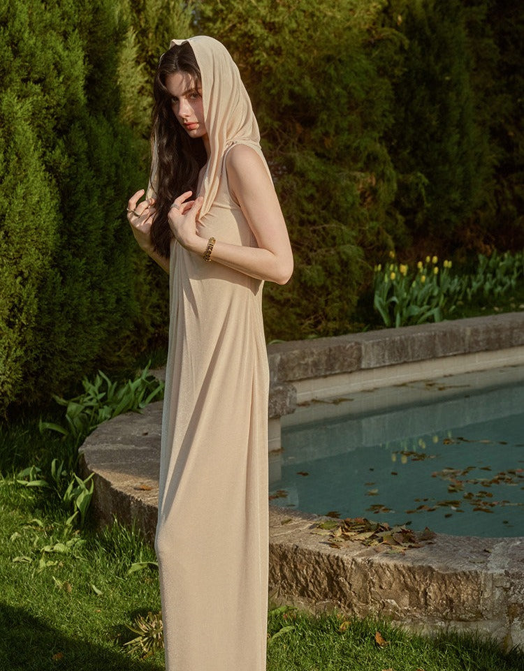 Viscose Dress with Pleats and Pearl Button