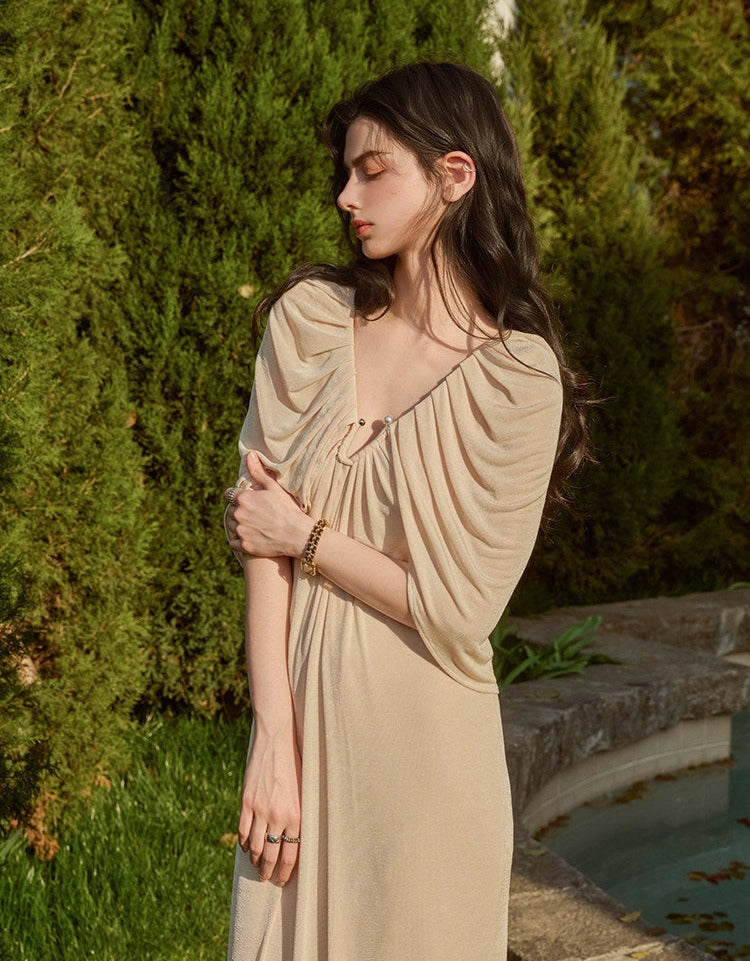 Viscose Dress with Pleats and Pearl Button