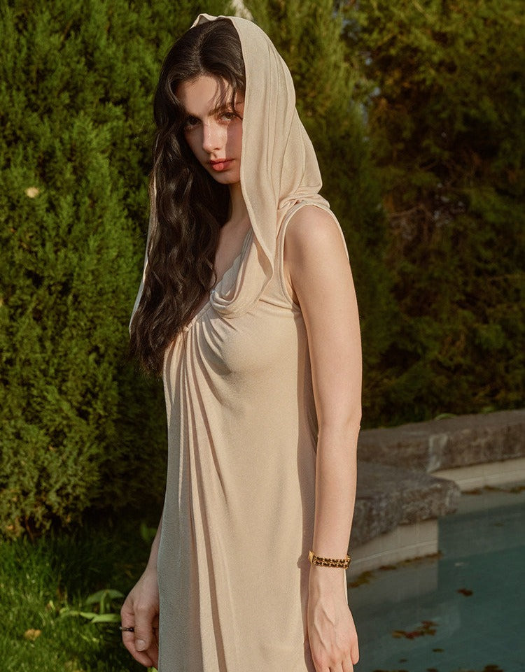 Viscose Dress with Pleats and Pearl Button