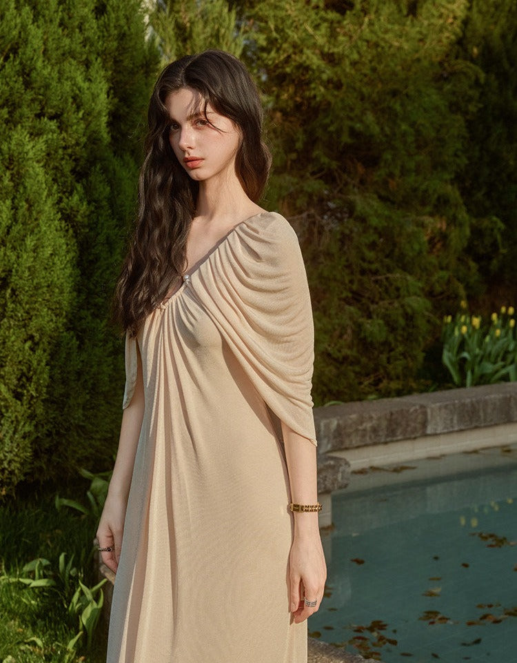 Viscose Dress with Pleats and Pearl Button