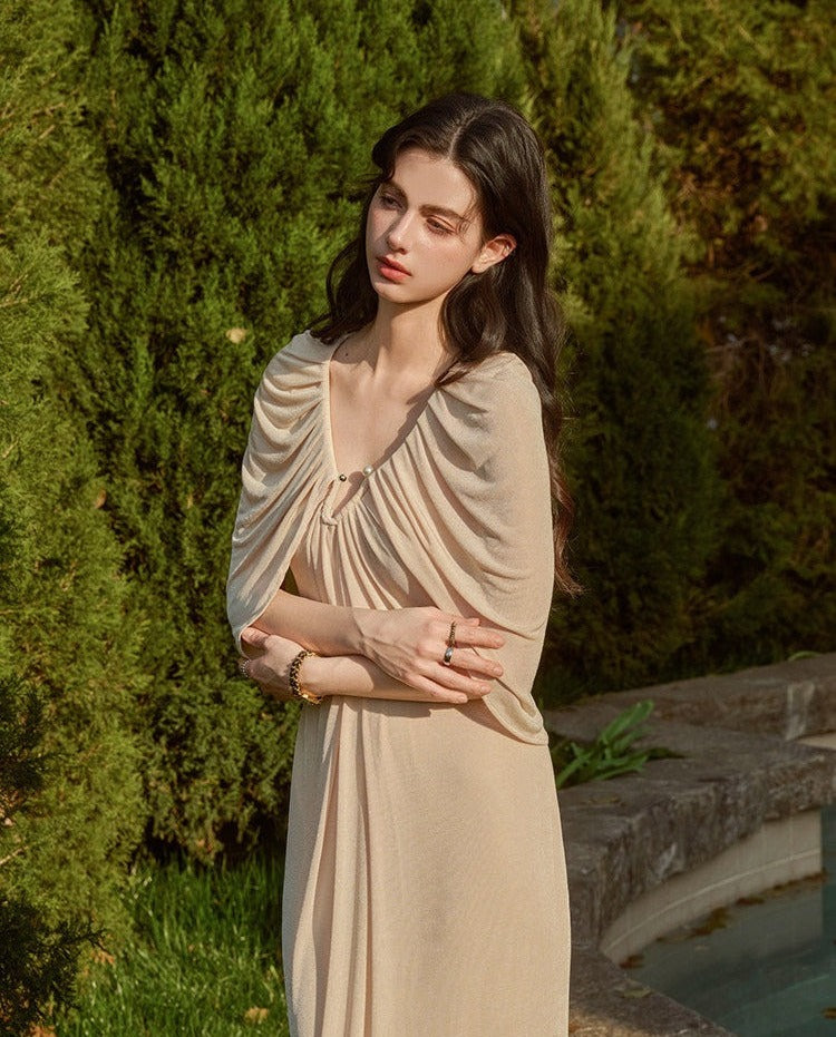 Viscose Dress with Pleats and Pearl Button