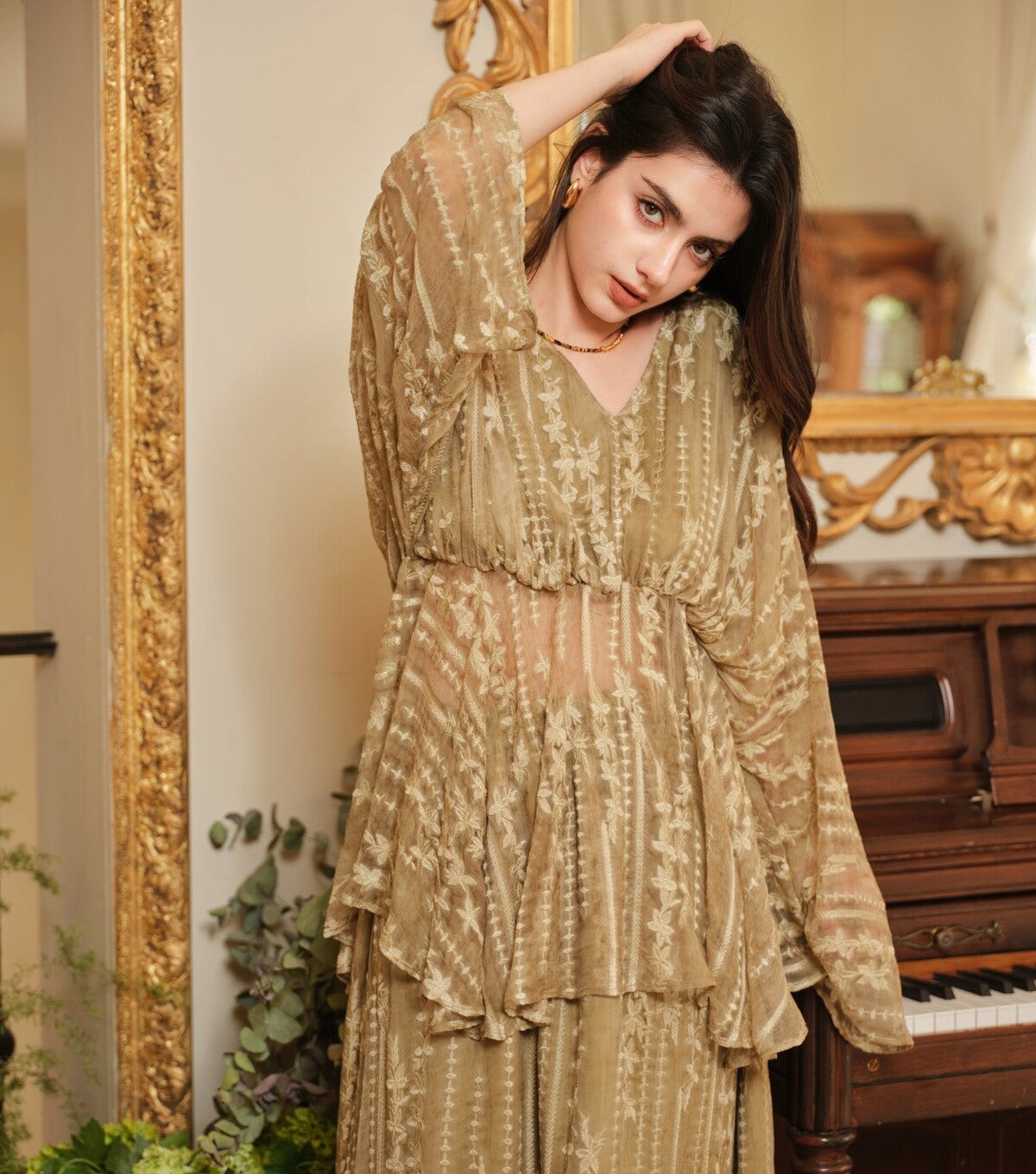 Silk 2-Piece Set - Embroidered Top and Skirt