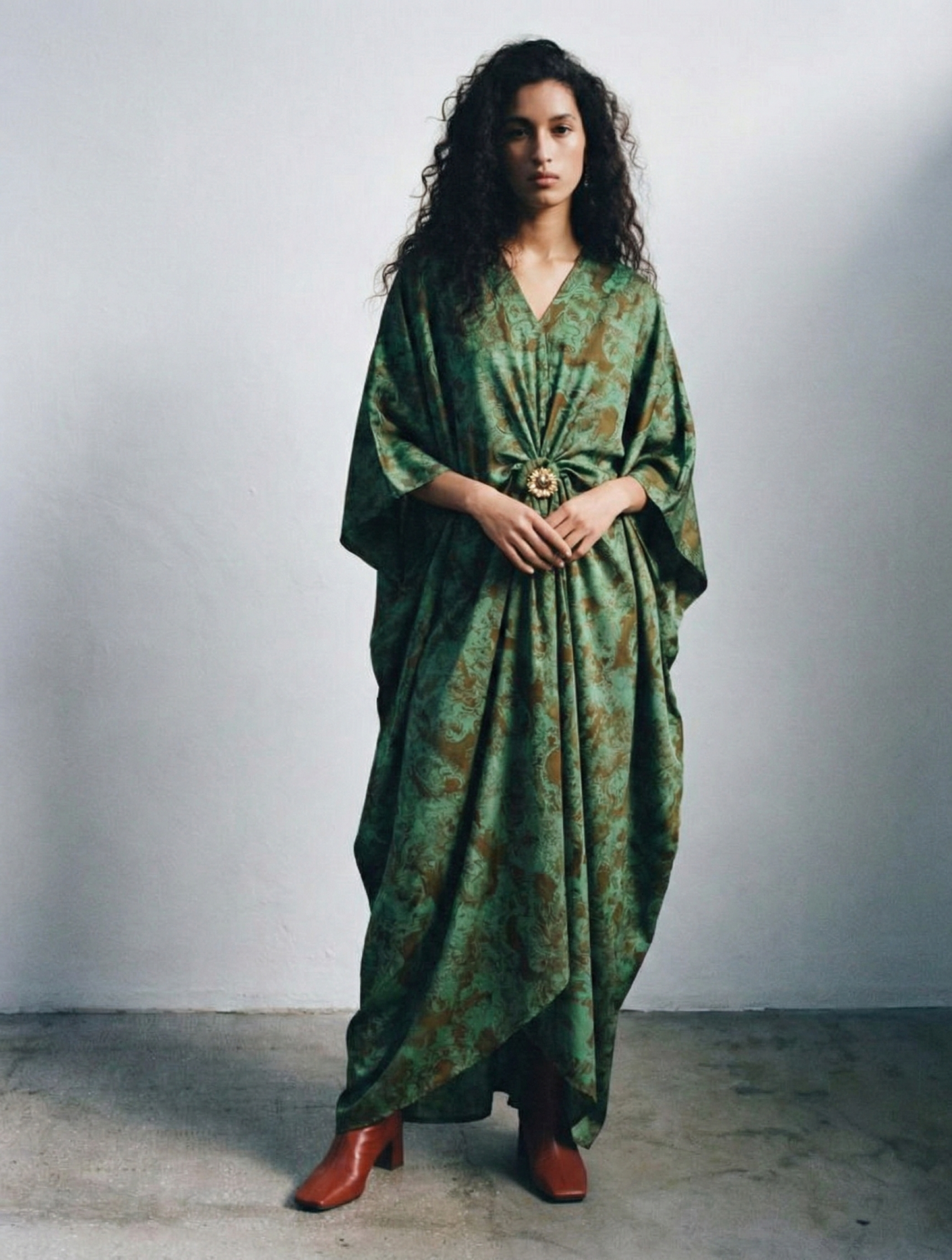 Printed V-Collared Batwing Sleeve Long Dress with Metal Buckle