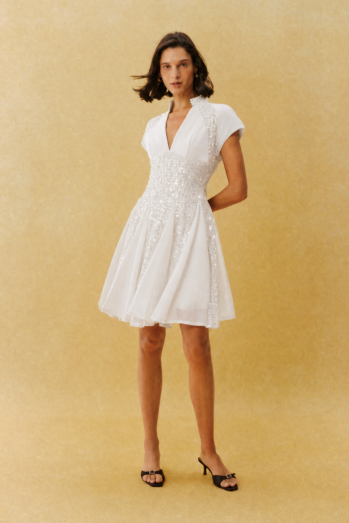 White Sequin Split V-Neck Cap-Sleeve Cocktail Mini Dress