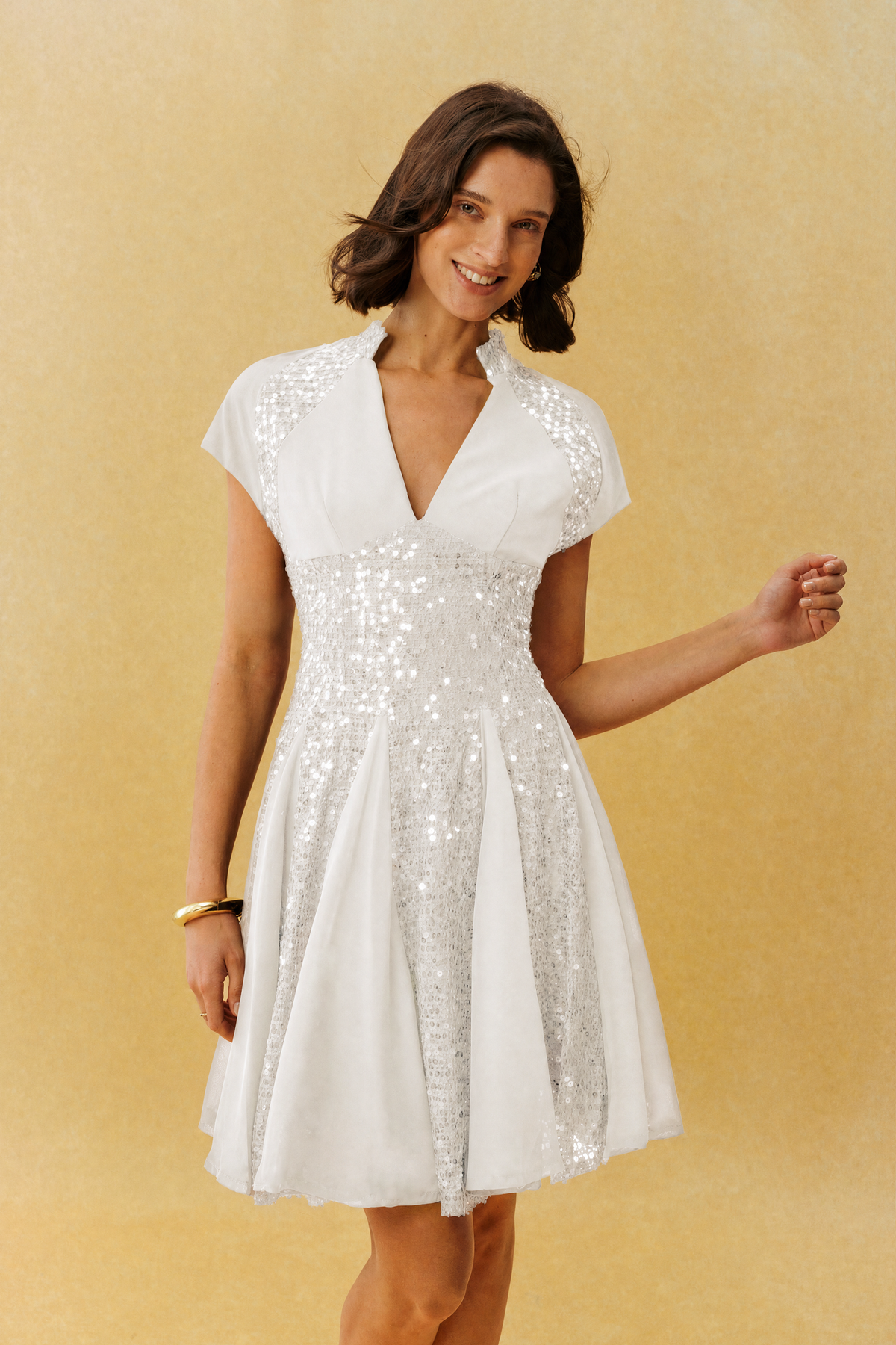 White Sequin Split V-Neck Cap-Sleeve Cocktail Mini Dress
