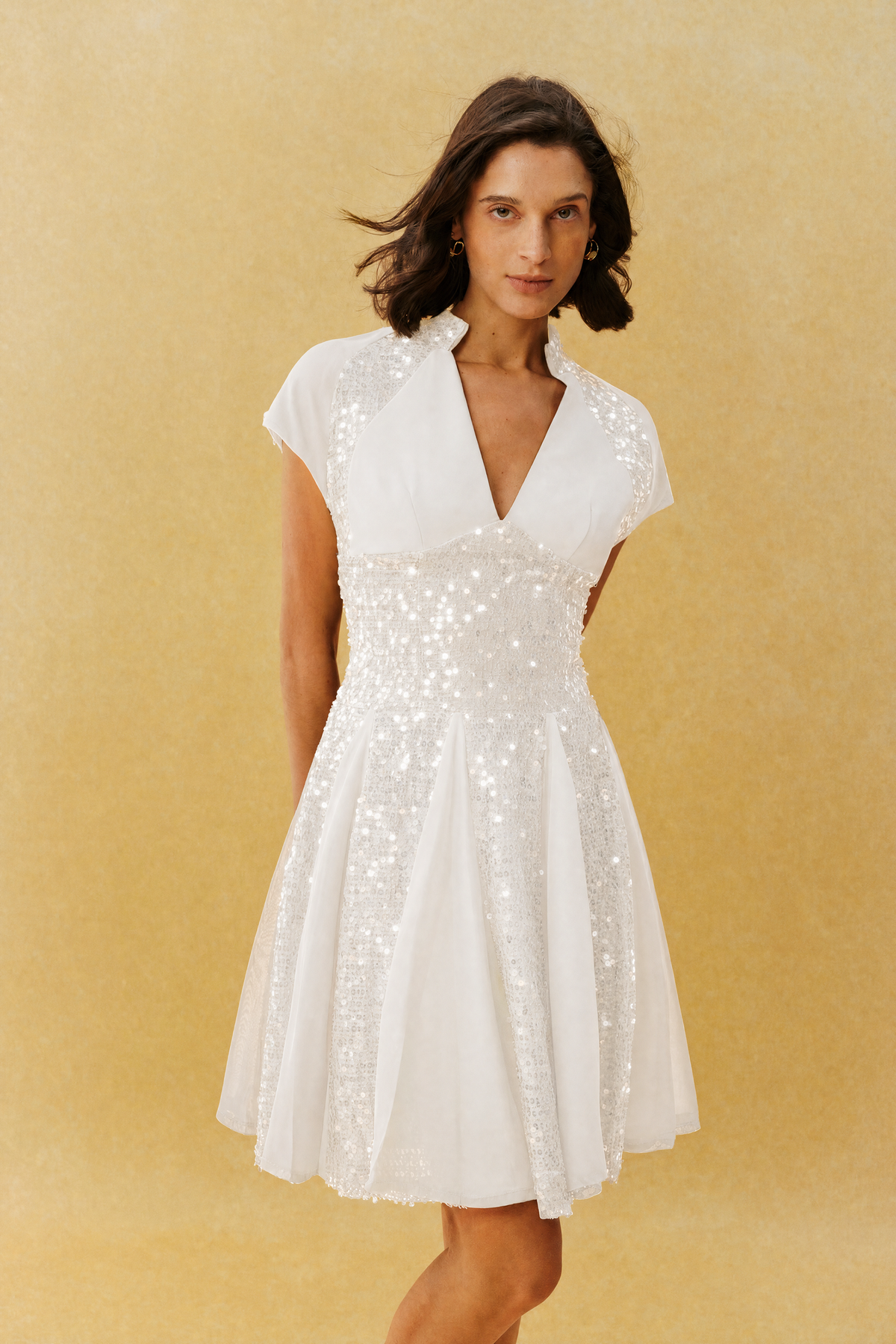 White Sequin Split V-Neck Cap-Sleeve Cocktail Mini Dress