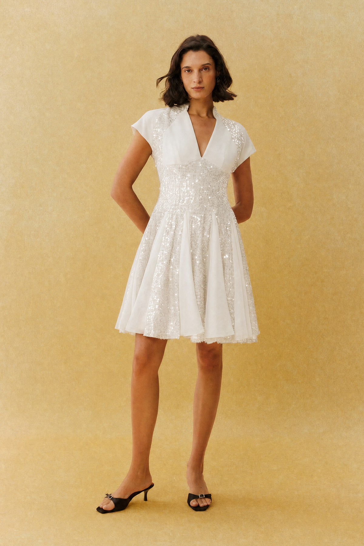 White Sequin Split V-Neck Cap-Sleeve Cocktail Mini Dress