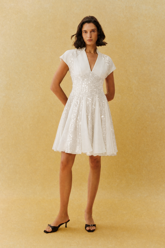 White Sequin Split V-Neck Cap-Sleeve Cocktail Mini Dress