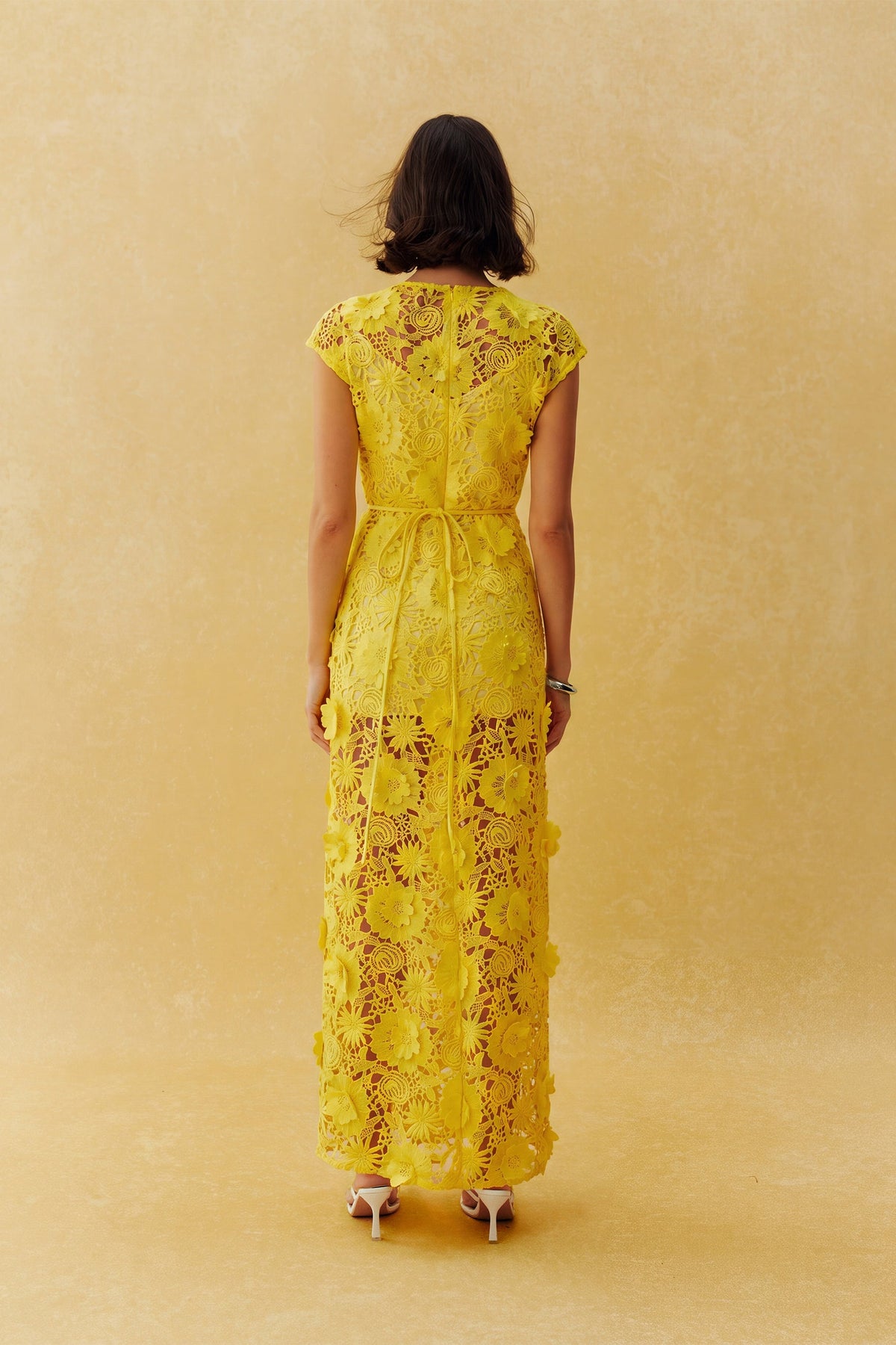 Yellow Floral Lace 3D Flower Belted Cap-Sleeve Maxi Dress