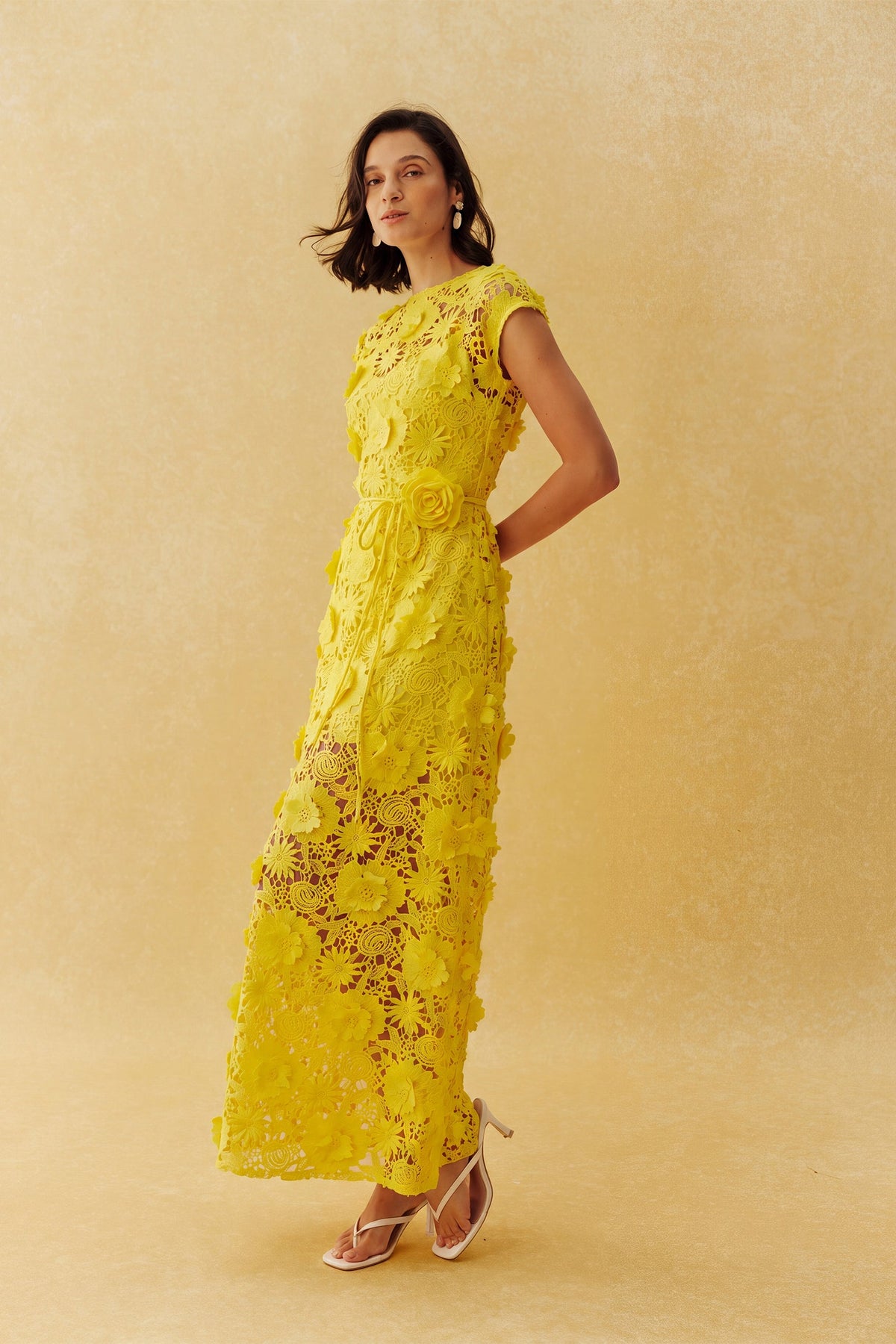 Yellow Floral Lace 3D Flower Belted Cap-Sleeve Maxi Dress