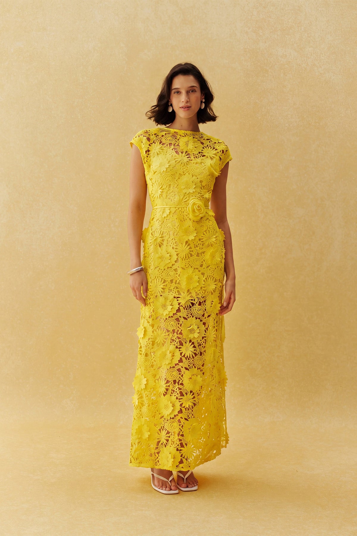 Yellow Floral Lace 3D Flower Belted Cap-Sleeve Maxi Dress