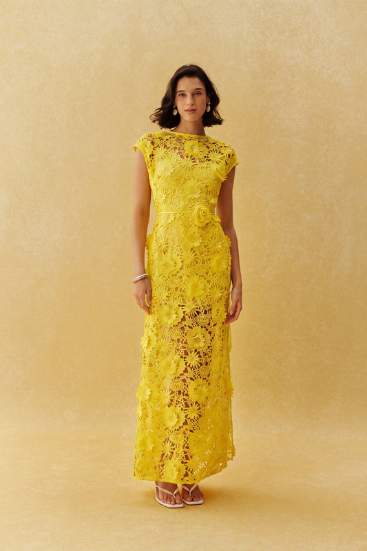 Yellow Floral Lace 3D Flower Belted Cap-Sleeve Maxi Dress